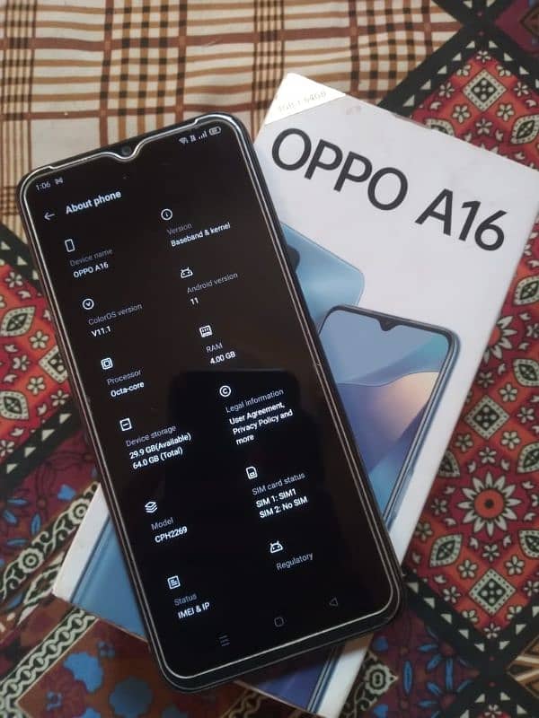 Oppo A16 for sale with box charger condition like new 2