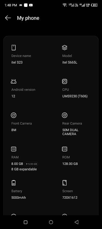 Itel S23 full box 10 by 10 full box 7 months warranty 8+8 ram 128Rom 8