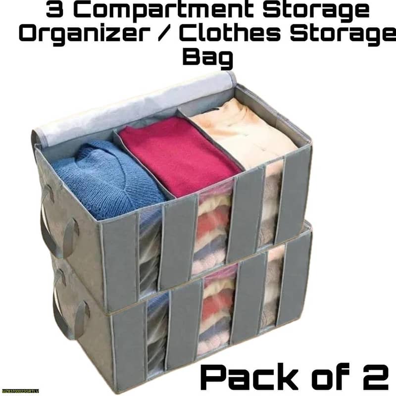 3 Compartments Storage Organizer-Grey, Pack of 2 1