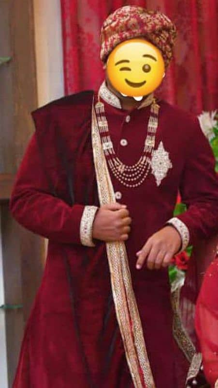 Velvet mehroon sherwani + khusa + qula 0