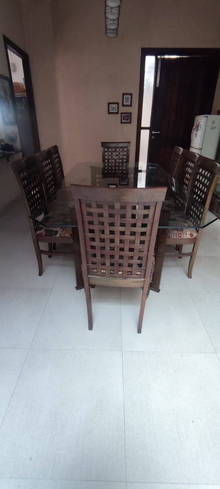 Walnut dining table, glass top 0