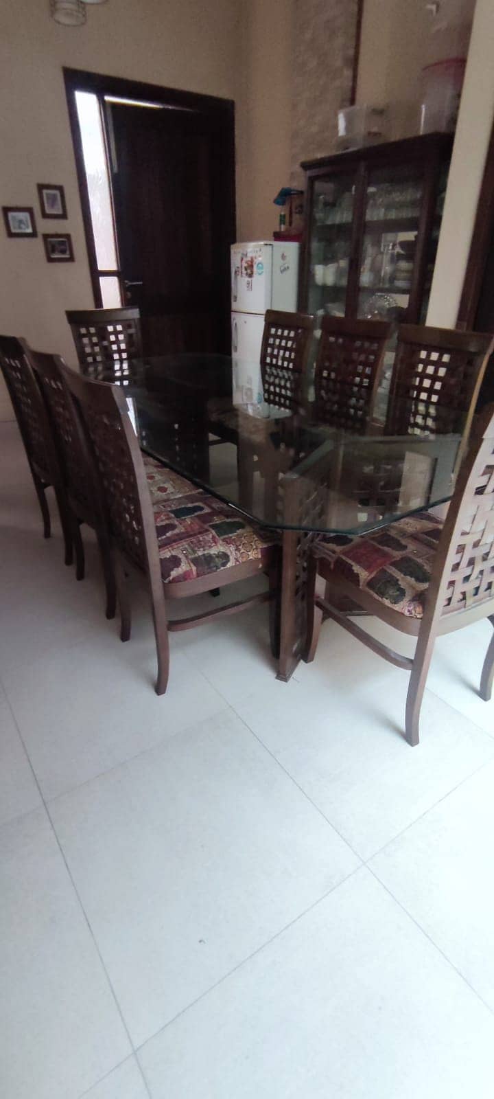 Walnut dining table, glass top 1