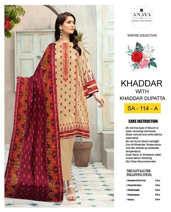 3 pcs woman unstitched kaddar Embroidered suit 1