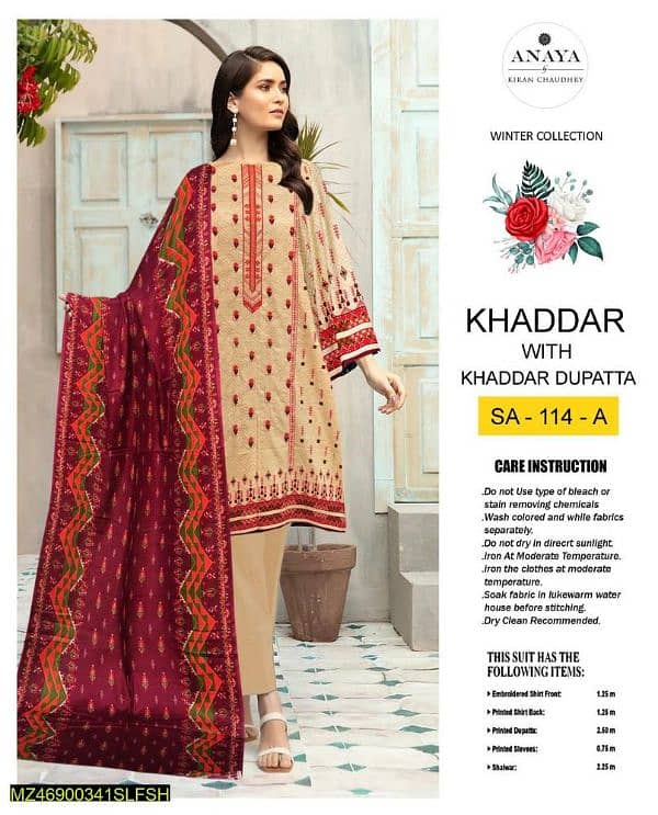 3 pcs woman unstitched kaddar Embroidered suit 2