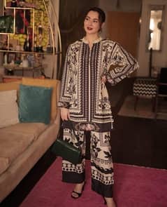 stylish women stitched printed khaddar shirt and trousers set 2Pcs