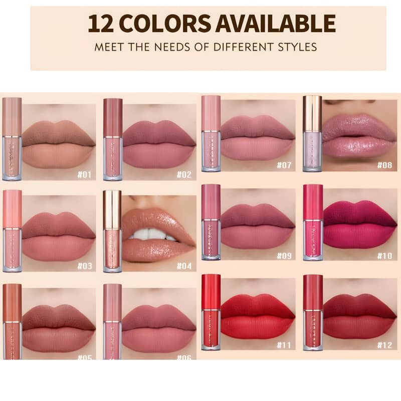 12-Piece Matte Liquid Lipstick Set - Velvet Finish, 2.5ml Each 1