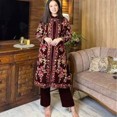 Embroidered Maroon gown shirt and trouser set 3pcs fashion Ensemble