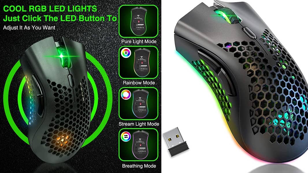 Wireless Rechargeable RGB Gaming Mouse - Ultra-Lightweight, Honeycomb. 2