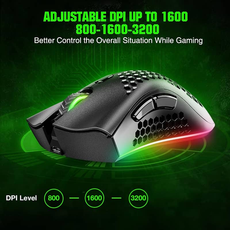 Wireless Rechargeable RGB Gaming Mouse - Ultra-Lightweight, Honeycomb. 3