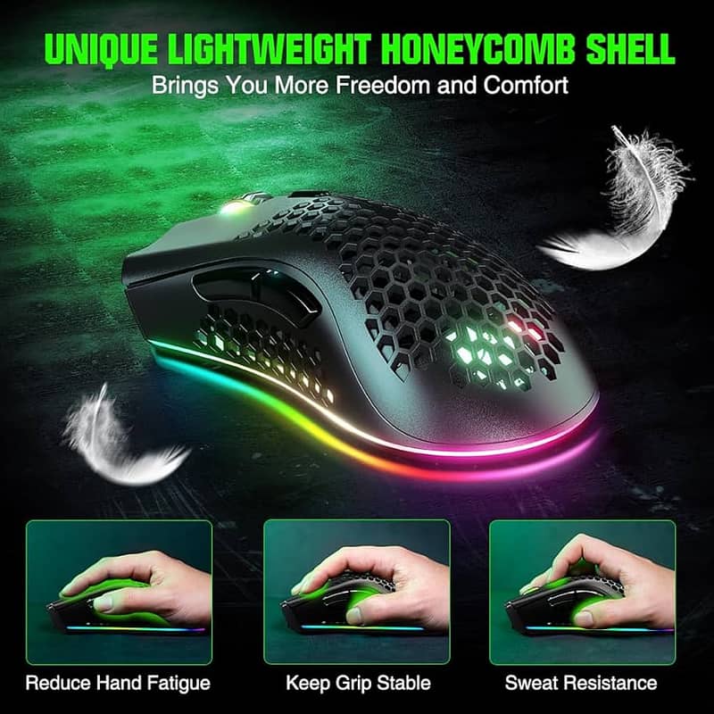 Wireless Rechargeable RGB Gaming Mouse - Ultra-Lightweight, Honeycomb. 5