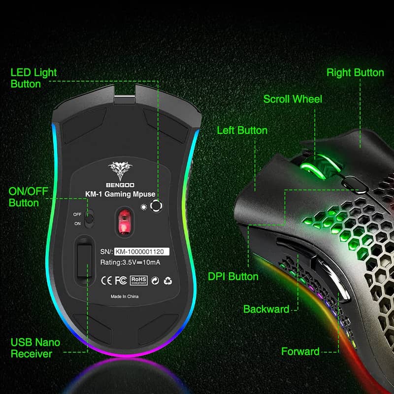 Wireless Rechargeable RGB Gaming Mouse - Ultra-Lightweight, Honeycomb. 6