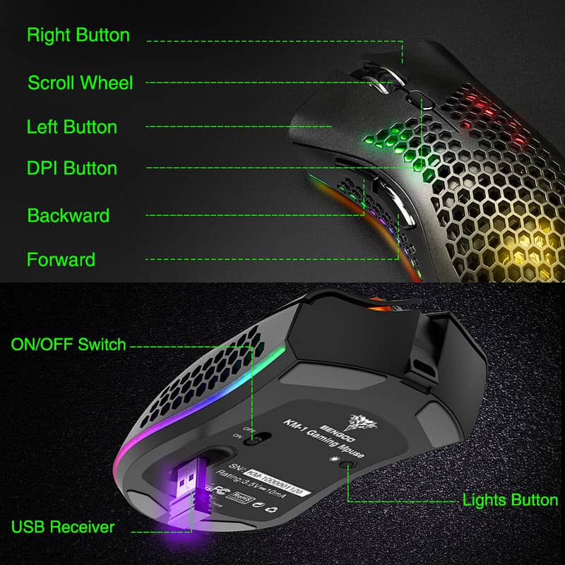 Wireless Rechargeable RGB Gaming Mouse - Ultra-Lightweight, Honeycomb. 7