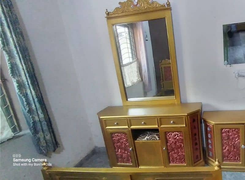 wood ka bht acha bed with 2 side tables and dressing 9