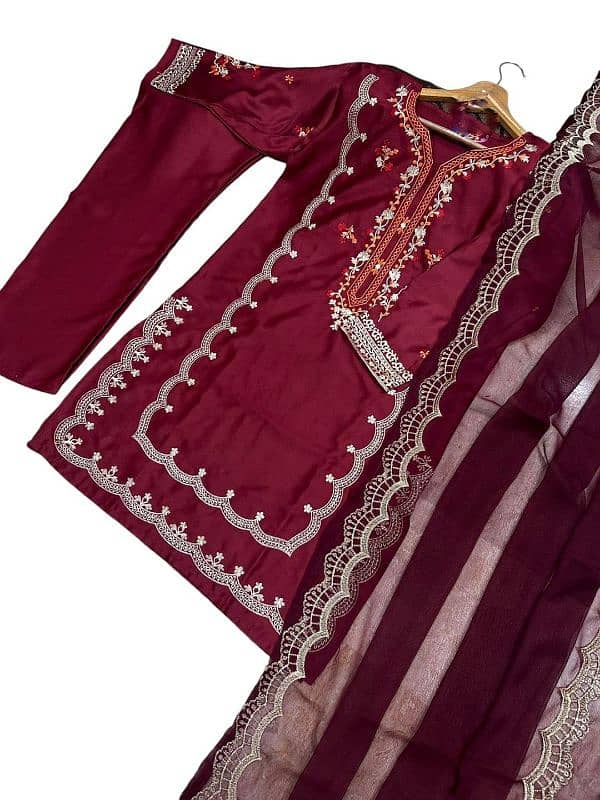 3 pcs women stitched smooz silk embroiderd suit 0