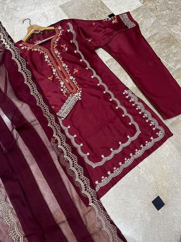 3 pcs women stitched smooz silk embroiderd suit 3