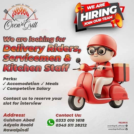 Rider, Servicemen, Cook and Kitchen Staff Required 0