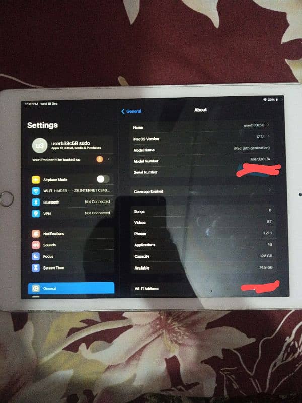 iPad 6th Gen 128GB Wifi IOS 17 0