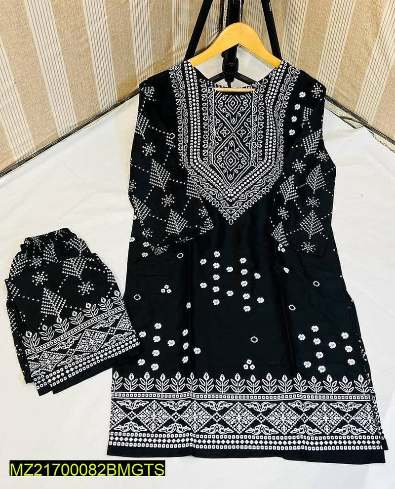 2 Pcs Women's Stitched Linen Block Printed Suit 0