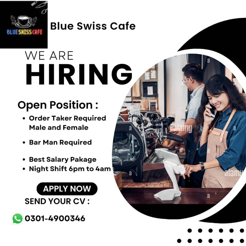 Cafe Job Need Order Taker Male And Female Blue swiss cafe 0