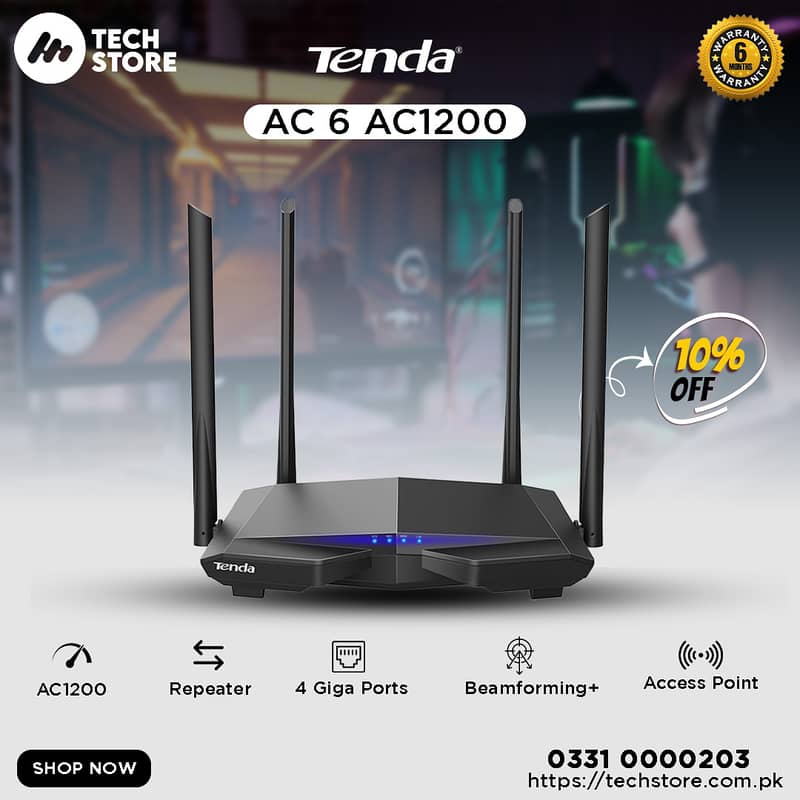 Tenda Gaming Router AC6 AC1200 Smart Dual-Band WiFi Router (With Box) 0