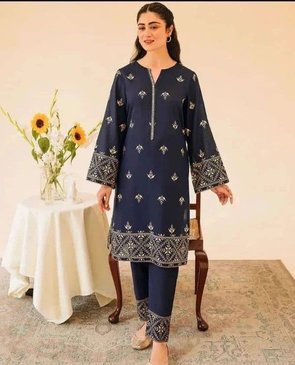 Women's Stitched Silk Embroidered Shirt and Trouser Set-2Pcs in Blue 0