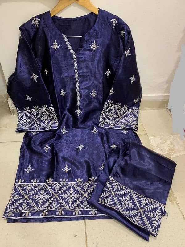 Women's Stitched Silk Embroidered Shirt and Trouser Set-2Pcs in Blue 3