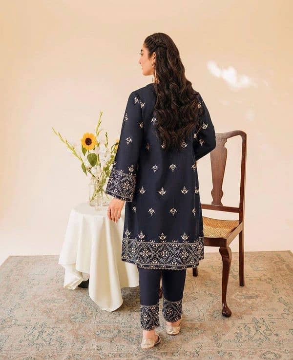 Women's Stitched Silk Embroidered Shirt and Trouser Set-2Pcs in Blue 5