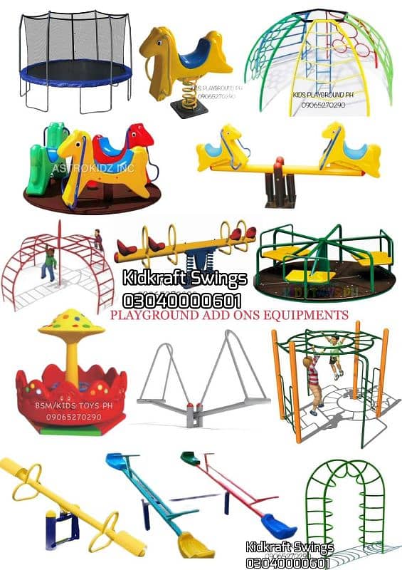 Slide, Swings, Merry go round, indoor play set, Monkey bar, Climber, 10