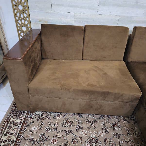 Slightly Used L Shaped Sofa with wooden arm rests 3