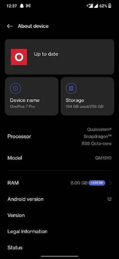 onepluse 7pro 256Gb ram12Gb