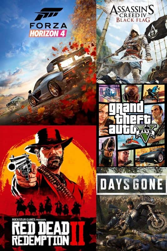 5 pc games in 1000 ,GTA V, rdr 2, Forza 4, Days gone, Assassin's Creed 1