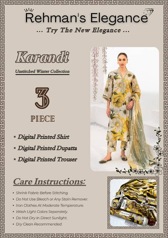 Ladies suit | 3 pcs suit | unstitch Suits | Karandi | Printed Suits 3