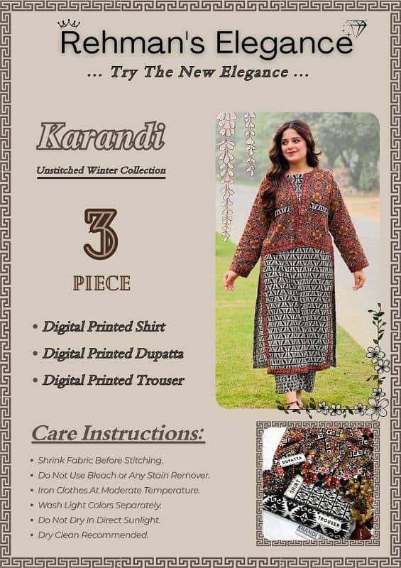 Ladies suit | 3 pcs suit | unstitch Suits | Karandi | Printed Suits 4