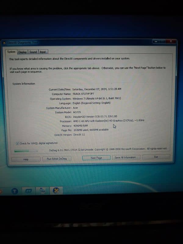 Acer 0725 condition 10/8 4gb ram 460 gb hard 7