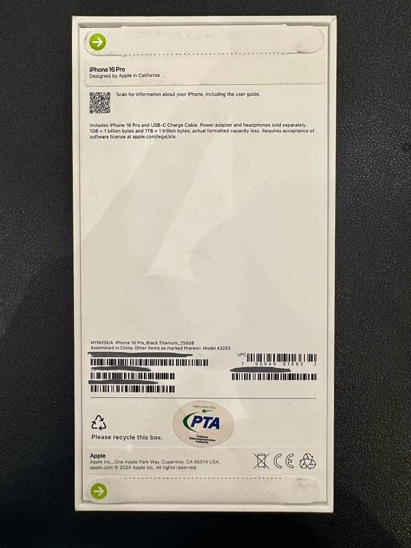 Apple Iphone 16 Pro PTA Approved Box Pack 1