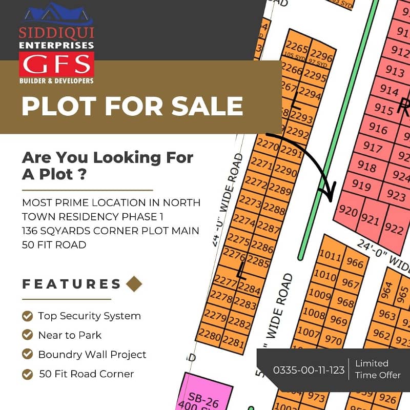 136 SQ. YARDS WEST OPEN CORNER PLOT FOR SALE IN GOLD BLOCK, NORTH TOWN RESIDENCY 0