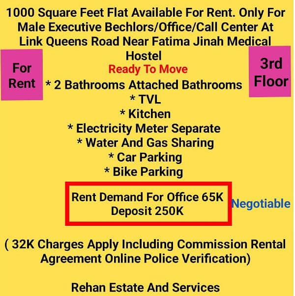 1000 Sq Ft Flat For Rent For Male Bechlors/Office at Queens Road LHR 0