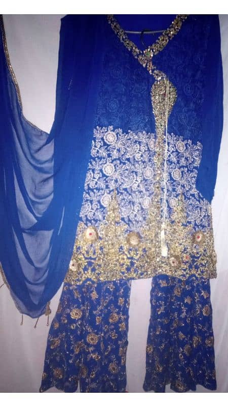 Full embroided 3piece stitched short maxi with sharara and dupatta 0