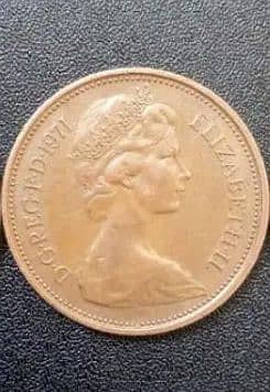 British coin 2 pence in 1971 Elizabeth rear coin 0