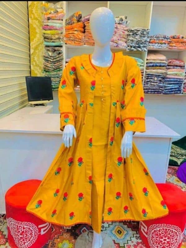 women's stitched 3 pcs Grown  suit in Embroidered katan Silk yellow 1