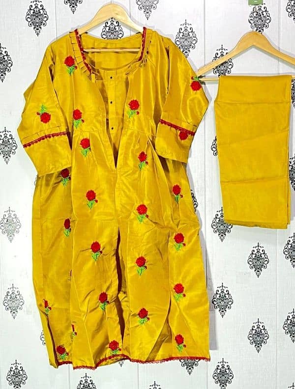 women's stitched 3 pcs Grown  suit in Embroidered katan Silk yellow 2