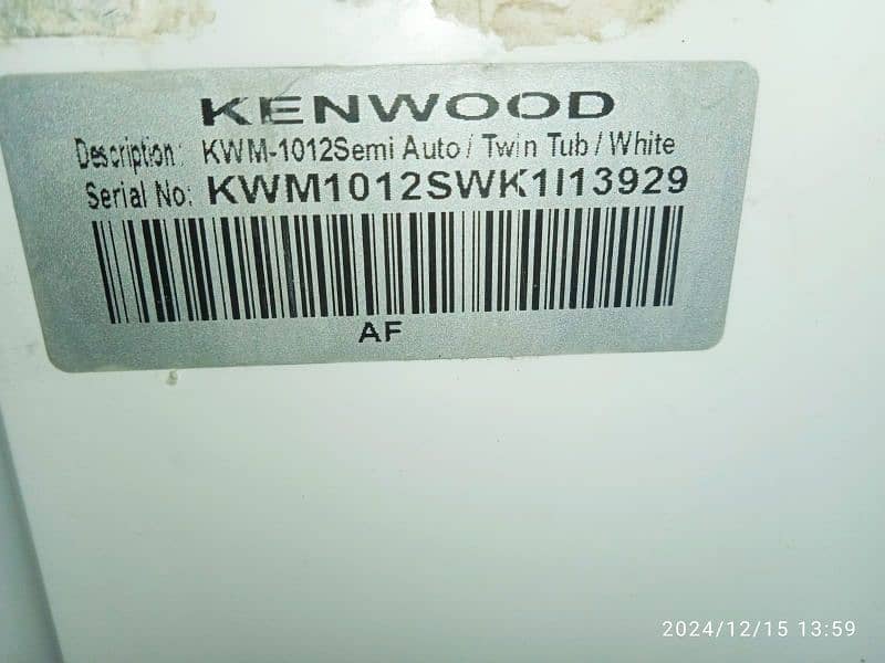 Kenwood washing machine twin tub model no: KW 1012 SA 9