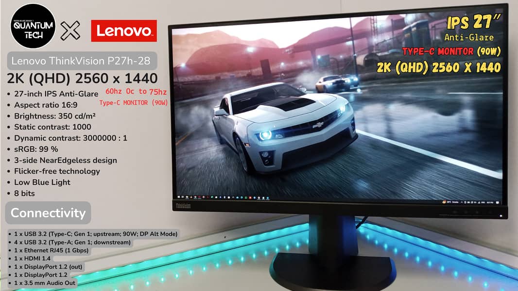 27inch IPS 2K QHD TypeC Lenovo P27h-28 Bezel-less Gaming LED Monitor 1