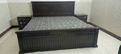 Solid Wooden bed with side table and mattress