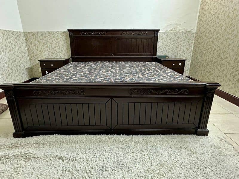 Solid Wooden bed with side table and mattress 0