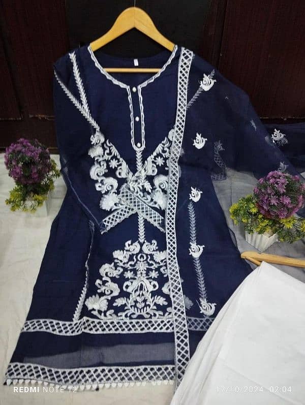 3 Pcs women stitched Organza Embroidered suit 1