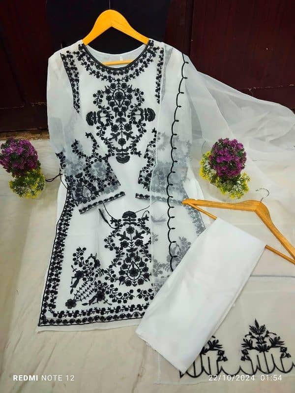 Elegant white Organza Embroidered suit set for women 0