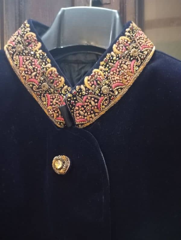 navy color velvet sherwani for groom 2