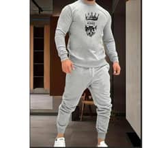 Men fleece printed sweetshirt tracksuit 2 pcs in Grey