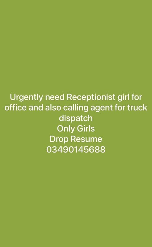 HIRING FEMALE RECEPTIONIST AND CALLING AGENTS ONLY FEMALE 0